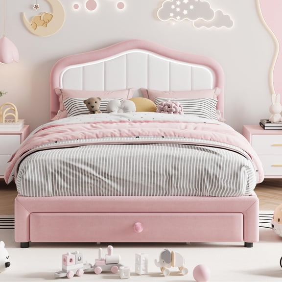 Upholstered Kids Bed Frame with LED Light Headboard, Storage Drawer Footboard, Soft Velvet Platform Bed for Boys Girls Child Bedroom