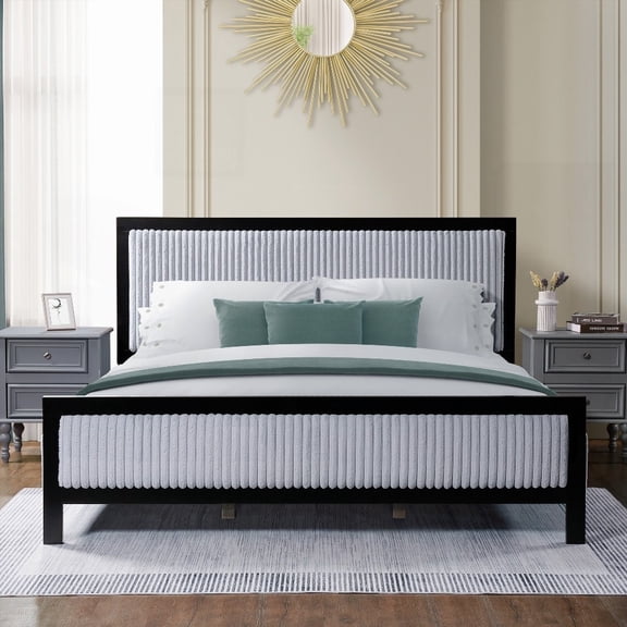 Upholstered King Bed with Fluffy Soft Grey+Black Headboard and Silent Slats System
