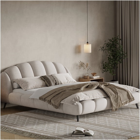 Upholstered King Bed with Shell Headboard, Heavy Duty Wood Platform Frame, No Box Spring Needed, Beige Chenille Fabric