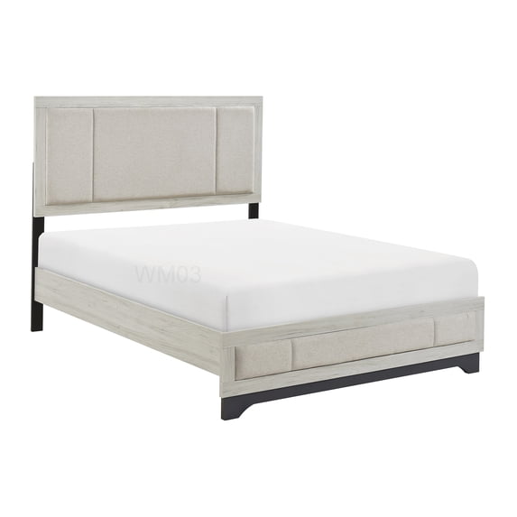 Upholstered King Platform Bed Frame with 2-Tone Wood Finish, No Box Spring Required, Sturdy Slat Base for Mattress Support and Airflow
