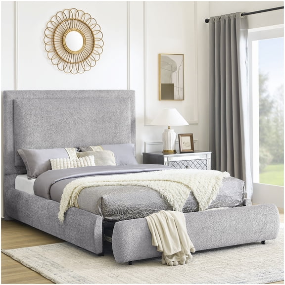 Upholstered King Platform Bed with Storage, High Padded Headboard, No Box Spring Needed, Pewter