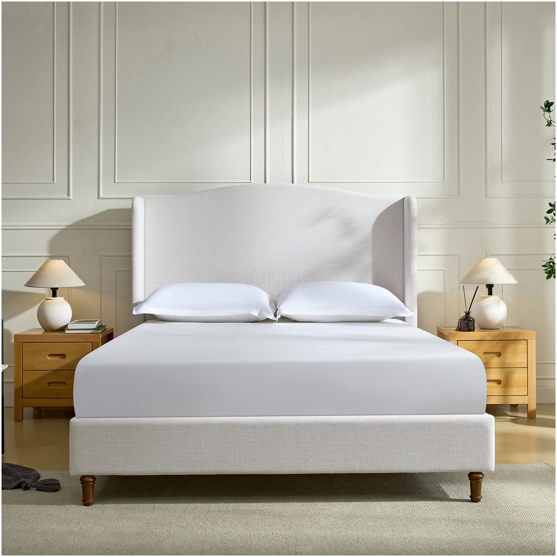 Upholstered King Size Bed Frame with Wingback Headboard, No Box Spring Needed, Easy Assembly, Ivory Chenille Fabric, Modern Bedroom Furniture
