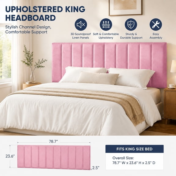 Upholstered King Size Headboard - Easy Assembly Channel Stitch, Wall Mounted Floating Headboard with 3D Soundproof Peel & Stick Panels, Pink