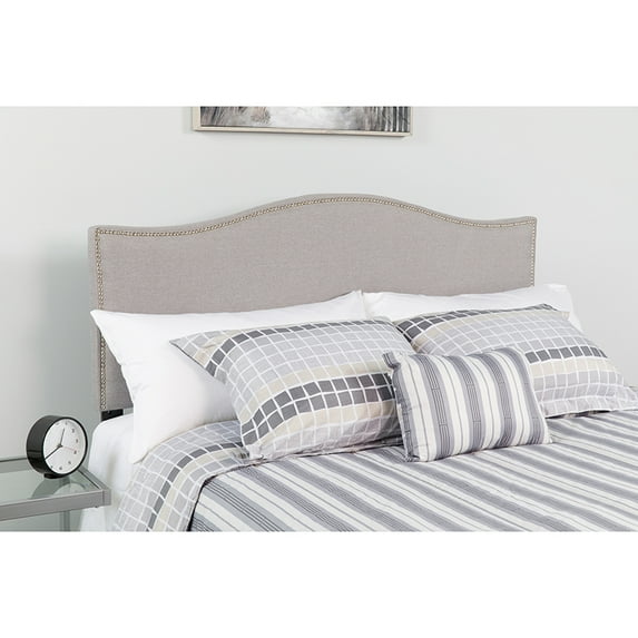 Upholstered King Size Headboard with Nailtrim in Light Gray Fabric