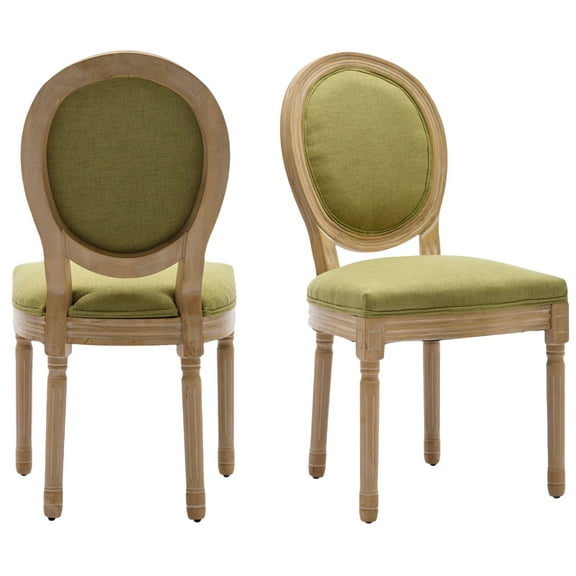 Upholstered Kitchen Dining Chairs Set of 2, French Country Dining Chairs with Solid Wood Legs, Linen Fabric, Olive Green