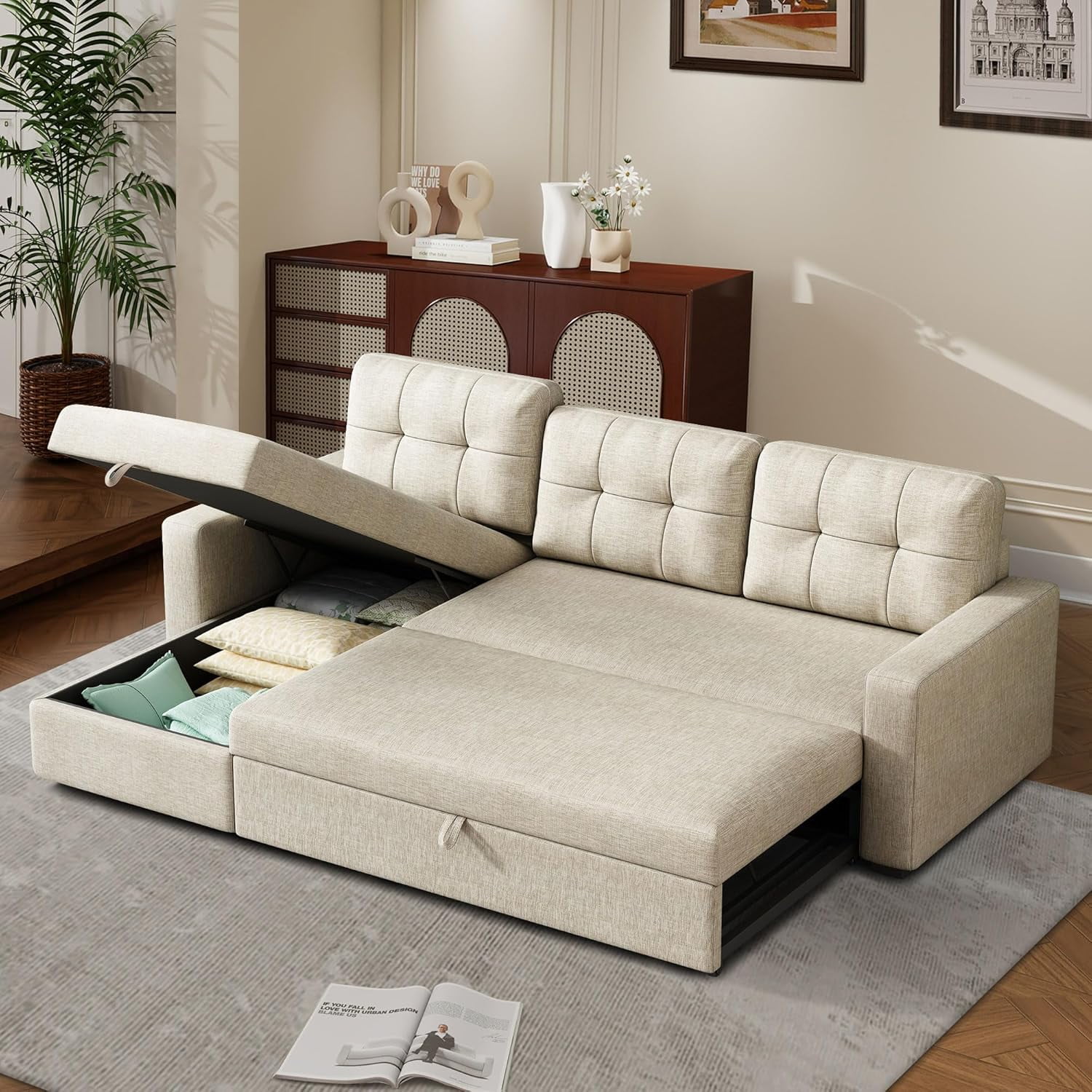 Upholstered L Shaped Sectional Sofa Pull Out Sofabed, Convertible ...