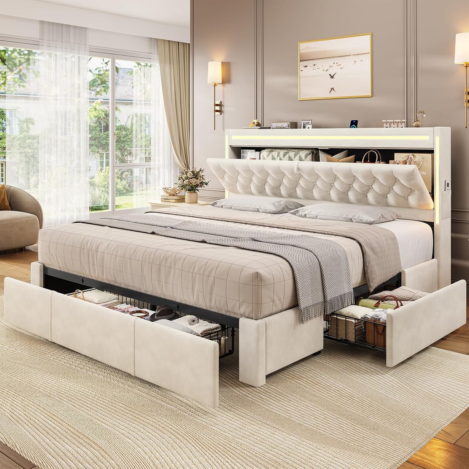 Upholstered LED Bed Frame King Size with 3 Storage Drawers, Hidden ...
