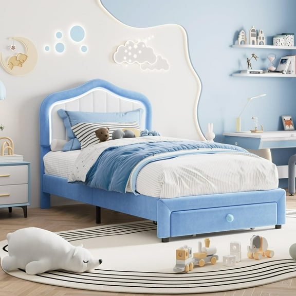 Upholstered LED Bed Frame with Storage Drawer, Velvet/Princess Platform Bed Frame for Boys/Girls