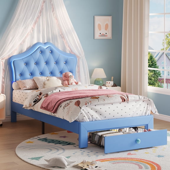 Upholstered LED Platform Bed with Crystal Tufted Headboard and Storage Drawer – No Box Spring Needed