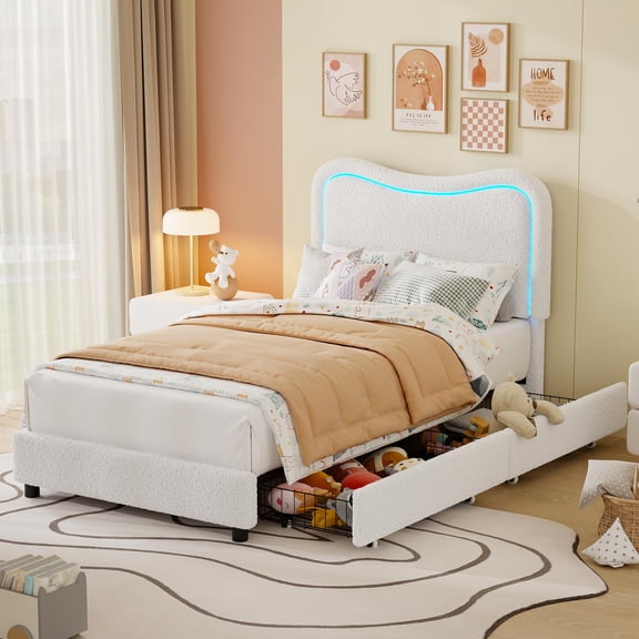 Upholstered LED Twin Bed Frames with 2 Drawers and Headboard, Cute Twin Bed with Storage for Girls, Boys, Sturdy Platform Bed, No Box Spring Needed, Wooden Slats, Noise Free, Beige