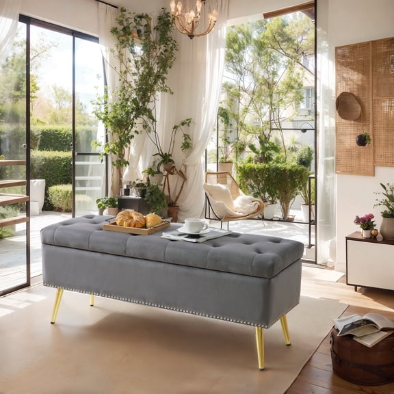 Upholstered Large Storage Ottoman Bench For End of Bed, Living Room,Footstool Bench for Bedroom Living Room Entryway