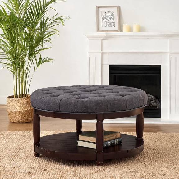 Upholstered Large Tufted Linen Round Storage Ottoman Coffee Table, Cool Gray