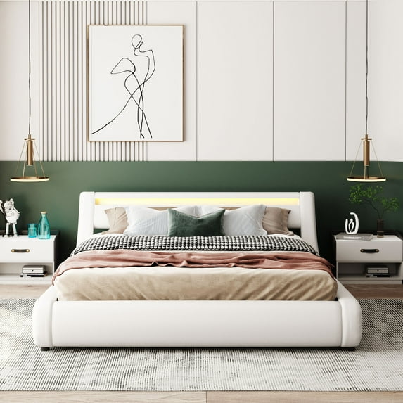 Upholstered Leather Platform Bed with A Hydraulic Storage System with Led Light Headboard Bed Frame with Slatted Queen Size White