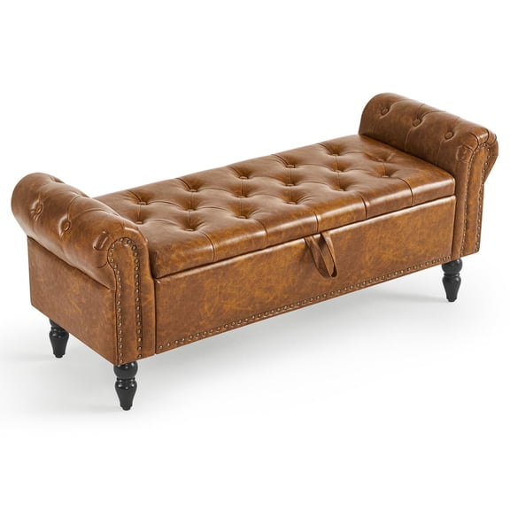 Upholstered Leather Storage Ottoman Bench with Rolled Arms & Solid Wood Legs, Multi-Purpose Indoor End of Bed Bench for Living Room Entryway, Yellow Brown