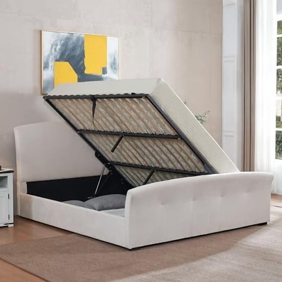 King Linen Upholstered Side-Tilt lift up Storage Bed Frame with Button-Tufted Foam Headboard and Metal Frame, White