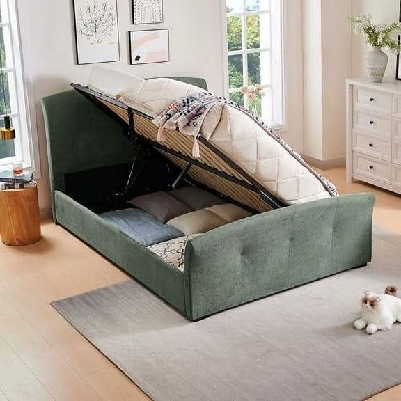 Upholstered Lift Up Storage Bed Frame with Side-Tilt Hydraulic Storage System, High-Elastic Foam Headboard, Ample Storage Space, Metal Frame, Multiple Sizes and Colors Available, Moss Green, Queen