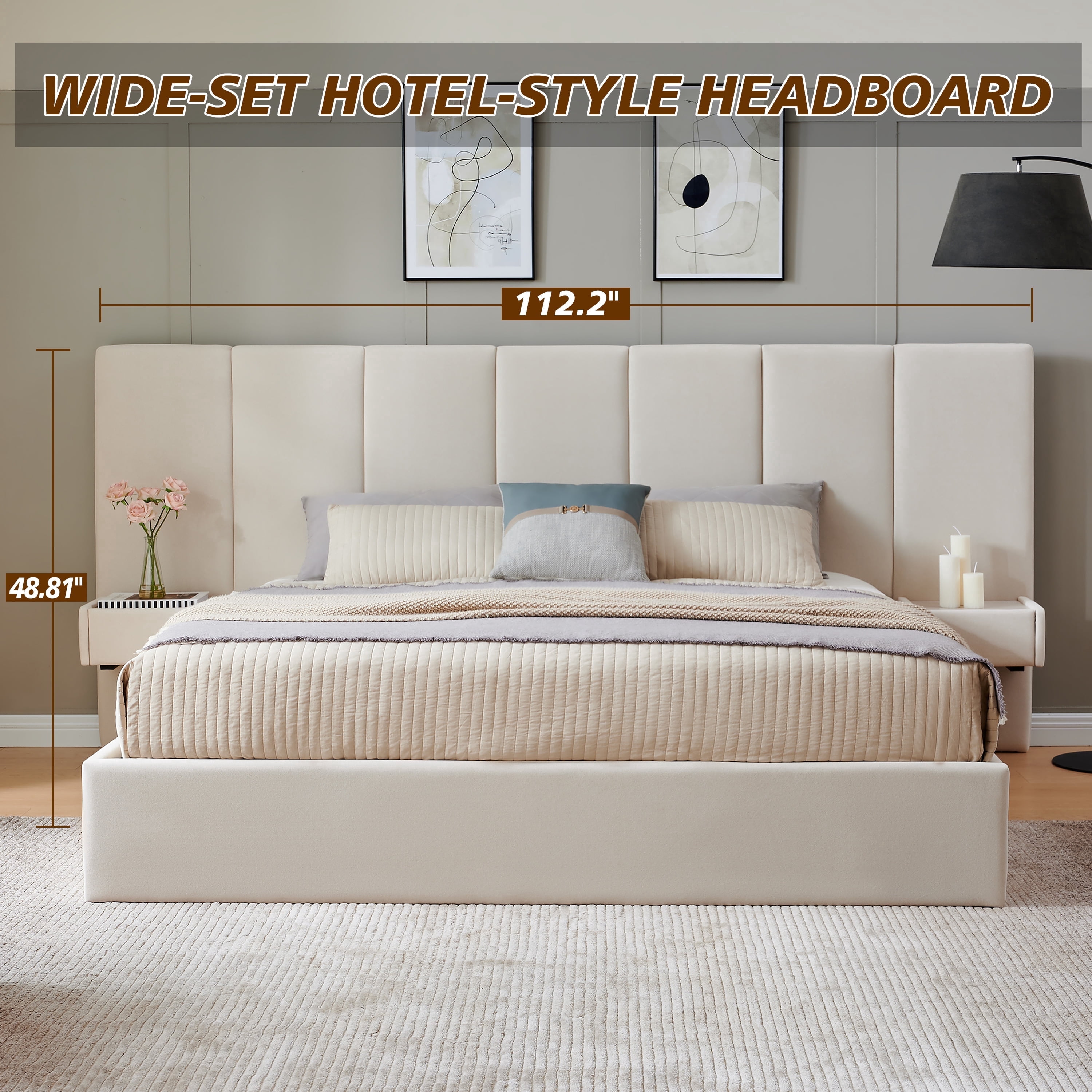 Upholstered Lift Storage Bed Frame with Velvet Headboard, 2 Drawers & 9.6" Under-Bed Storage, King Sizes in Beige, No Box Spring Needed, Ergonomic Design for Ultimate Comfort
