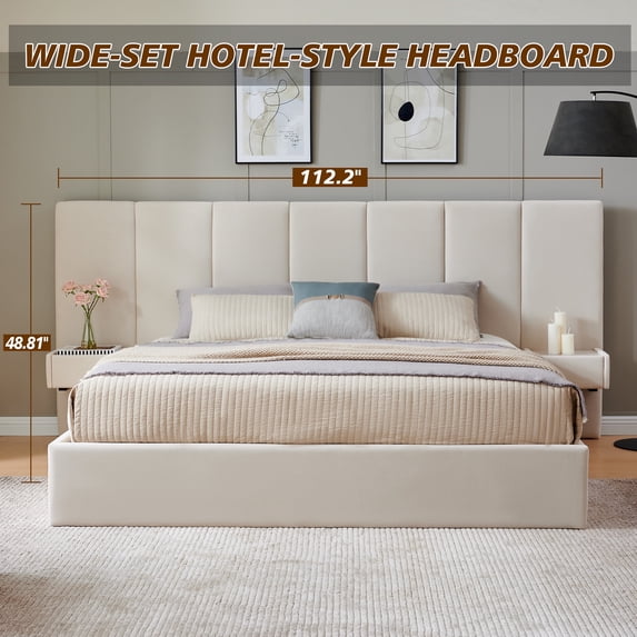 Upholstered Lift Storage Bed Frame with Velvet Headboard, 2 Drawers & 9.6" Under-Bed Storage, King Sizes in Beige, No Box Spring Needed, Ergonomic Design for Ultimate Comfort