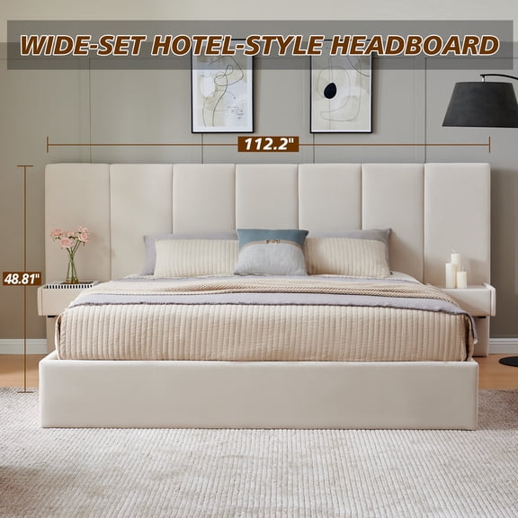 Upholstered Lift Storage Bed Frame with Velvet Headboard, 2 Drawers & 9.6" Under-Bed Storage, King Sizes in Beige, No Box Spring Needed, Ergonomic Design for Ultimate Comfort