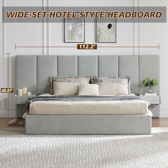 Upholstered Lift Storage Bed Frame with Velvet Headboard, 2 Drawers & 9.6" Under-Bed Storage, King Sizes in Light Grey, No Box Spring Needed, Ergonomic Design for Ultimate Comfort
