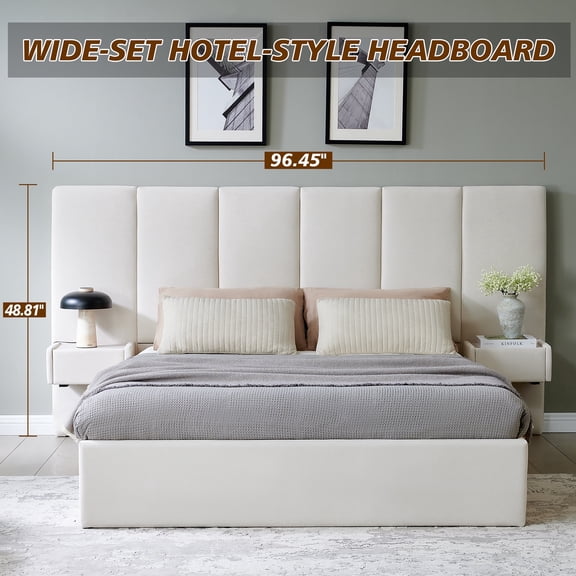 Upholstered Lift Storage Bed Frame with Velvet Headboard, 2 Drawers & 9.6" Under-Bed Storage, Queen Sizes in Beige, No Box Spring Needed, Ergonomic Design for Ultimate Comfort