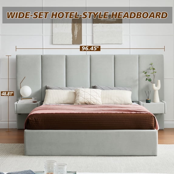 Upholstered Lift Storage Bed Frame with Velvet Headboard, 2 Drawers & 9.6" Under-Bed Storage, Queen Sizes in Light Grey, No Box Spring Needed, Ergonomic Design for Ultimate Comfort
