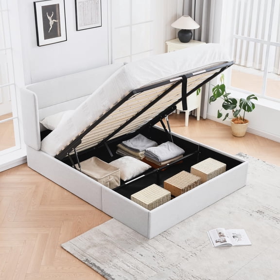 Zanmintaobo Full Lift up Storage Bed with Wingback Headboard,Hydraulic Linen Upholstered,Metal Frame,No Box Spring Needed,Easy Assembly,Gray-White