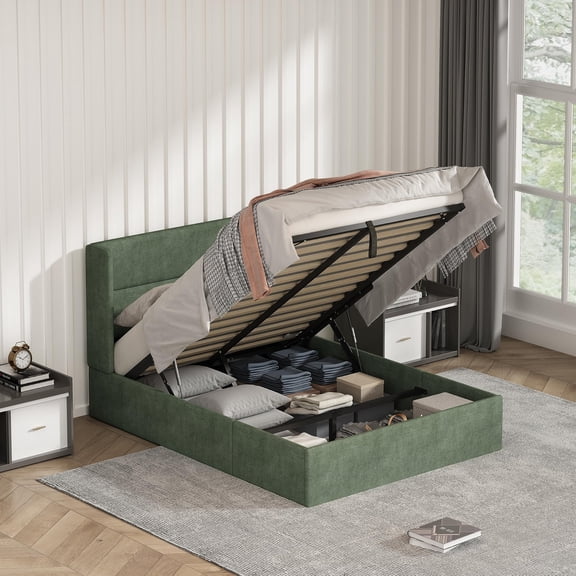 Full Lift Up Storage Bed with Wingback Headboard, Hydraulic Flannel Upholstered Bed Frame with Storage, No Box Spring Needed, Easy Assembly, Turtle Green