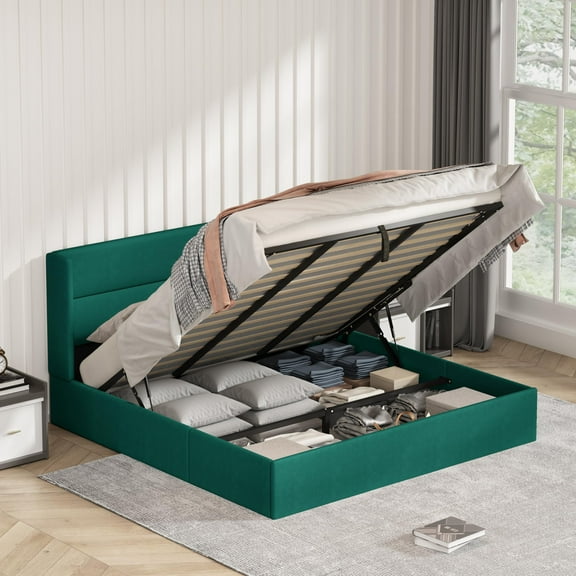 King Lift Up Storage Bed with Wingback Headboard, Hydraulic Linen Upholstered Bed Frame with Storage, No Box Spring Needed, Easy Assembly, Navy Blue