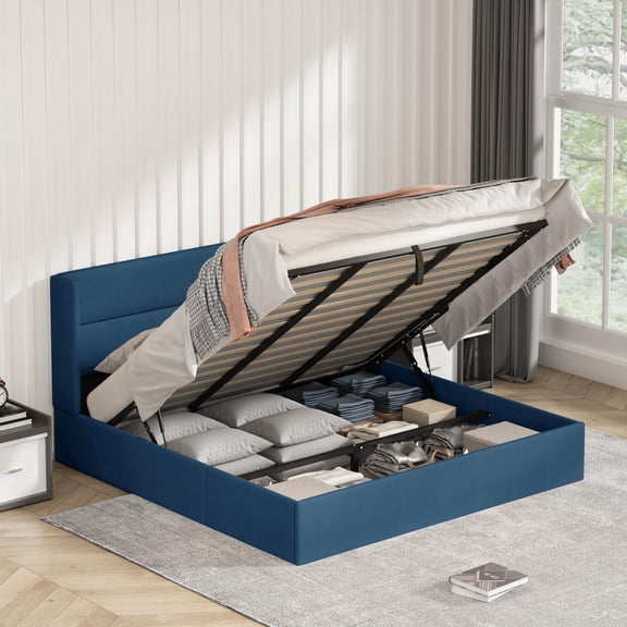 Zanmintaobo King Lift up Storage Bed with Wingback Headboard,Hydraulic Flannel Upholstered,Metal Frame,No Box Spring Needed,Easy Assembly,Navy Blue