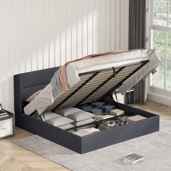 Zanmintaobo King Lift up Storage Bed with Wingback Headboard,Hydraulic Linen Upholstered,Metal Frame,No Box Spring Needed,Easy Assembly,Dark Gray