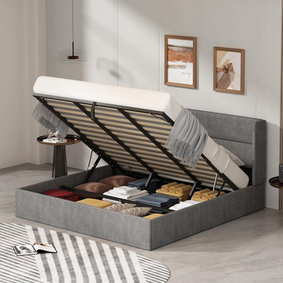 Zanmintaobo King Lift up Storage Bed,Wingback Headboard,Hydraulic Flannel Upholstered,Metal Frame,No Box Spring Needed,Easy Assembly,Graphite Gray