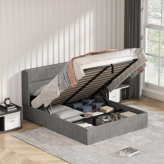 Zanmintaobo Queen Lift up Storage Bed ,Wingback Headboard,Hydraulic Flannel Upholstered,Metal Frame,No Box Spring Needed,Easy Assembly,Graphite Gray