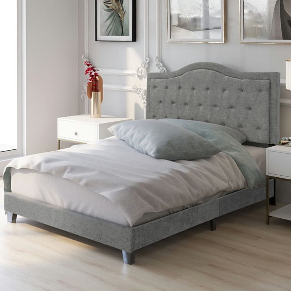 Upholstered Linen Bed Frame,Queen Platform Bed Frame,Mattress Foundation with Headboard,Solid Wood Slat Support,No Box Spring Needed,Gray