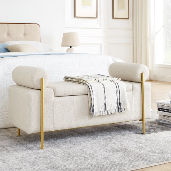 Upholstered Linen Bench In Beige With Cylindrical Arms And Iron Leg Setup For Living Room Bedroom Hallway Elegant Legs