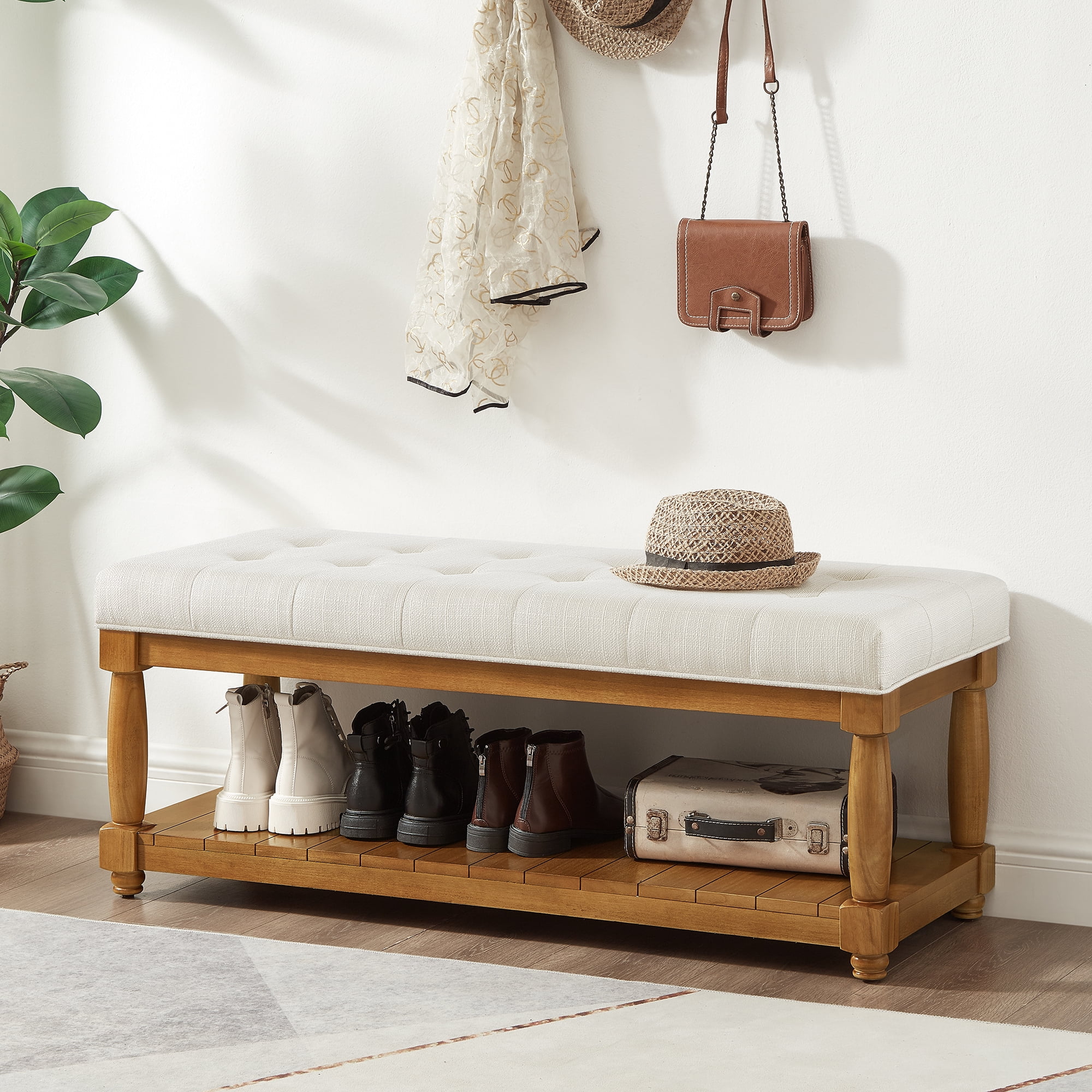 Upholstered Linen Bench with Storage Shelf - Tufted Ottoman Bench for Bedroom Entryway Living Room, Solid Wood Spindle Legs Accent Furniture