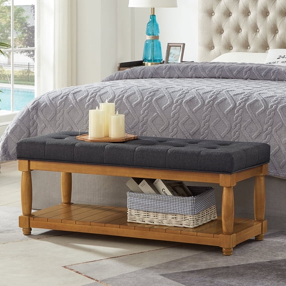 Upholstered Linen Bench with Storage Shelf, Tufted Ottoman Bench for Bedroom Entryway Living Room, Solid Wood Spindle Legs, Charcoal Accent Furniture