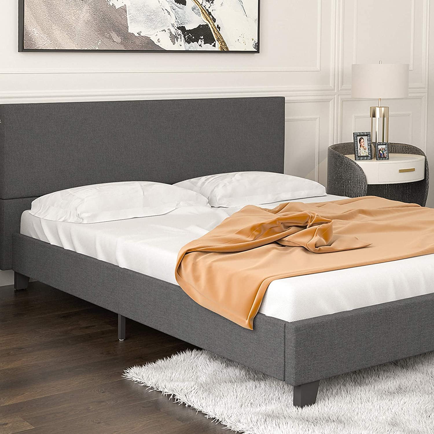 Upholstered Linen Platform Bed Frame, mecor Queen Size Bed Frame with