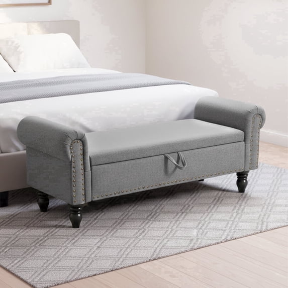 ATOMSPACE Storage Bench for Bedroom End of Bed, Mid-Century Corduroy Upholstered Storage Bench with Rolled Armed, Dark Grey