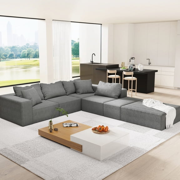 Upholstered Living Room Couch - 132" L Shaped With Square No Assembly Needed Foam Filled Chenille Sectional Required