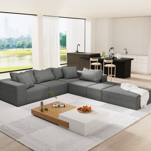 Upholstered Living Room Couch - 132" L Shaped With Square No Assembly Needed Foam Filled Chenille Sectional Required