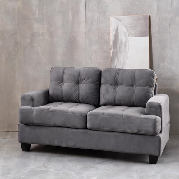 Upholstered Living Room Loveseat with Saddle Arms, Compact 2-Seater, Neutral Gray Microfiber