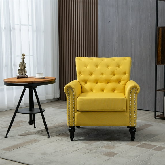 Upholstered Lounge Armchair, Single Sofa Chair with Button Tufted Back and Wood Legs, Modern Accent Chair Club Armchair with Nailhead Trim for Living Room Bedroom Office, Yellow