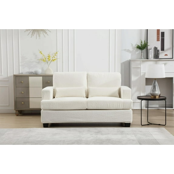 Upholstered Loveseat Sofa with 2 Waist Pillows, Modern 2 Seater Leisure Couch with Square Arms and Removable Back, Comfy Lounge Sofa Couch for Living Room, Bedroom, Office, Apartment, White