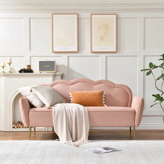 Upholstered Loveseat Sofa, 67" Wide Modern Scalloped Back Couch with Linen-Look Fabric, Small Space Accent Sofa with Gold Metal Legs, Bedroom Living Room Apartment Sofa, Blush Pink
