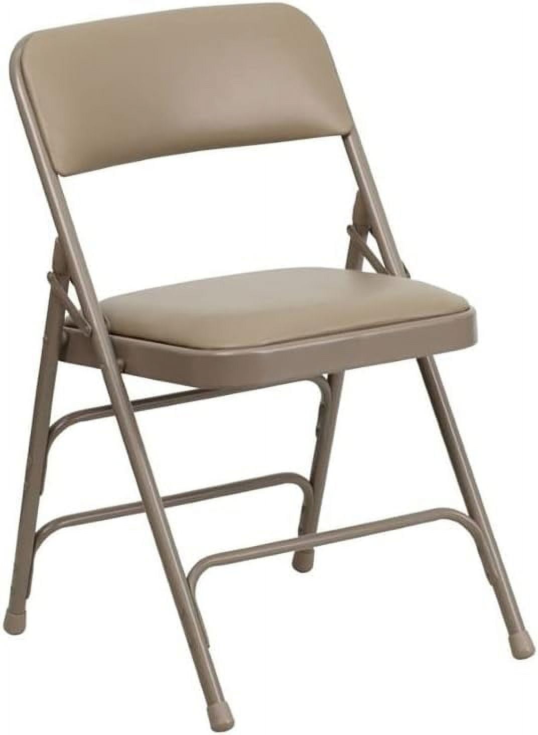 Beige Vinyl Metal Folding Chair with Padded Seat and Triple Braced Frame