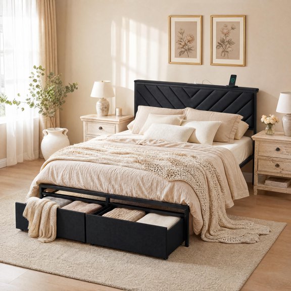 Upholstered Metal Platform Bed Frame with USB Type-C Charging Headboard & 2 Large Rolling Underbed Storage Drawers, No Box Spring Needed for Small Bedroom Apartment Guest Room