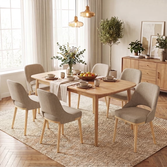 AFO Mid-Century Upholstered Dining Chair Set of 6, Modern Kitchen Desk Side Chair with Solid Wood Legs & Ergonomic Curved Back, For Dining Room, Kitchen & Restaurant, Camel