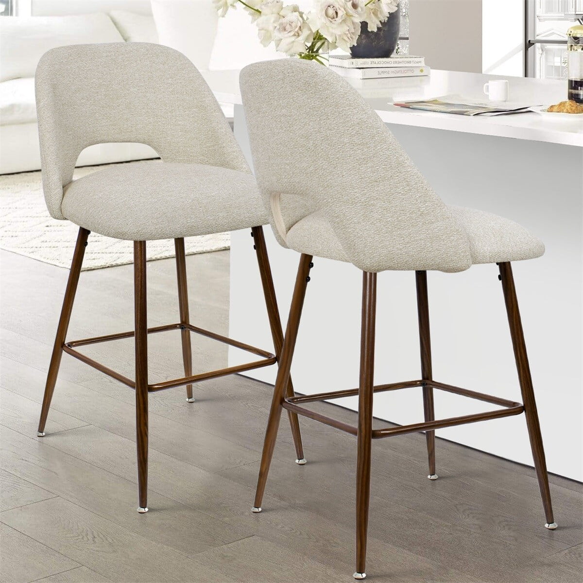 Beige Upholstered Counter Stools with Walnut Legs, Set of 2