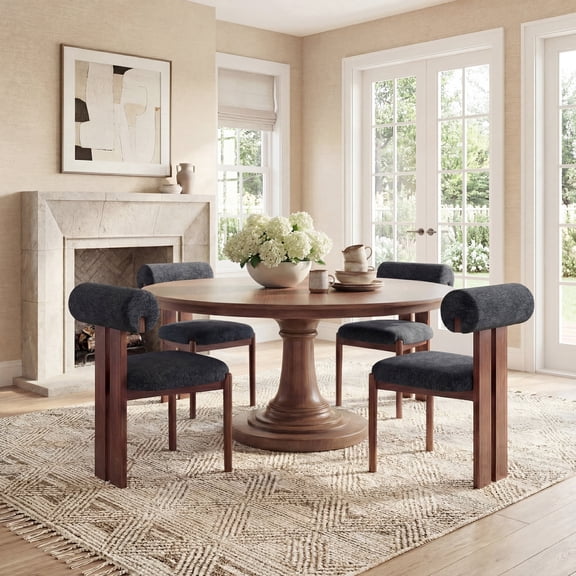 AFO Upholstered Modern Dining Chair with Roll Backrest & Wooden Legs, Kitchen Desk Side Chair for Dining Room and Restaurant, Set of 4, Dark Blue